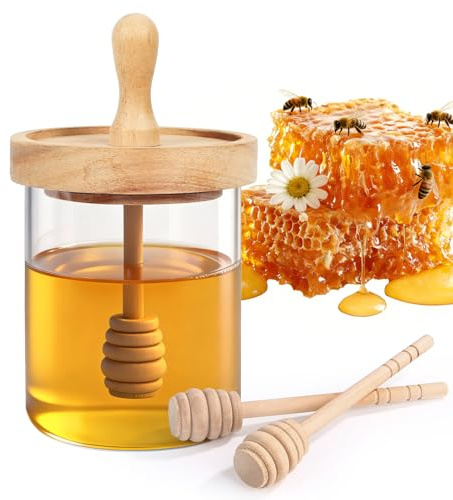 SlZKADY 12 Oz Honey Jar with 2 Wooden Dippers and Lid,Honey Pot Dispenser,Clear Glass Honey Container for Home Kitchen,Store Honey and Syrup,Easy to Clean