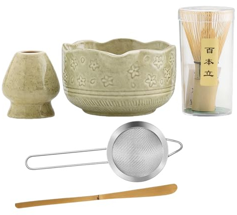 Yumzxin 5-Piece Matcha Whisk Set with Bamboo Chasen, 18oz Ceramic Bowl, Sifter, Scoop & Holder for Matcha Tea Preparation