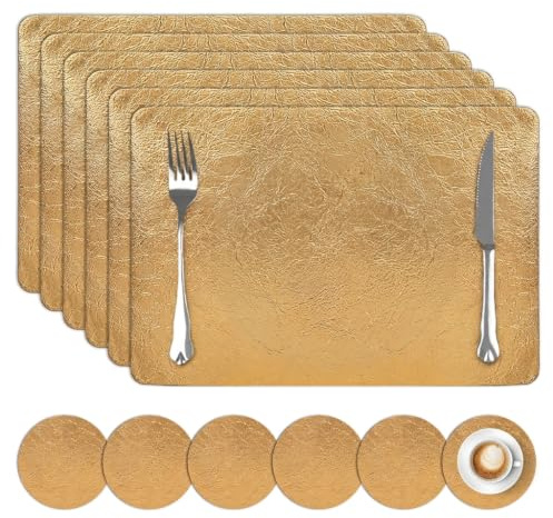 comfoyar Tischsets und Untersetzer Kunstleder Gekrackt Gold 6er Set | Doppelseitigen Abwaschbar Wasserdicht Platzsets, Rechteckig Rutschfeste Platzdeckchen für Küche Esszimmer Dekoration, 30x43cm