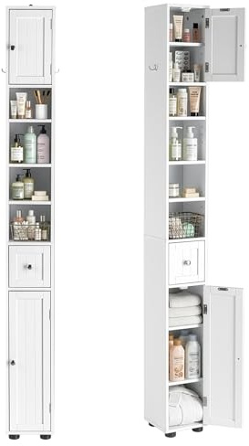 LEADZM Badezimmerschrank schmaler, Badschrank hoch | Lagerschrank Aufbewahrungsschrank, mit verstellbaren Ablagen, Schublade, offenen Fächern für Badezimmer Wohnzimmer, Esszimme,