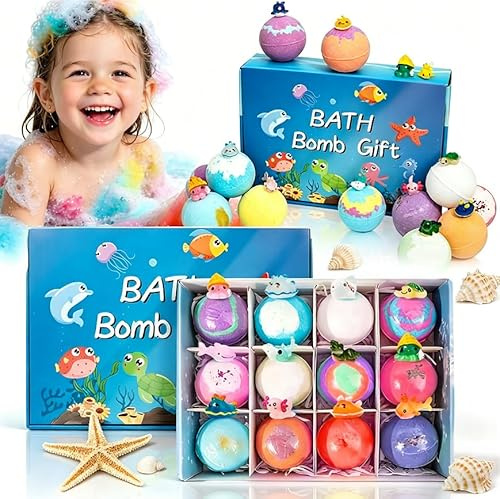 Set di 12 bombe da bagno per bambini con sorpresa, palline colorate con giocattoli all'interno, naturali e fatte a mano, set regalo per ragazze e ragazzi (B)