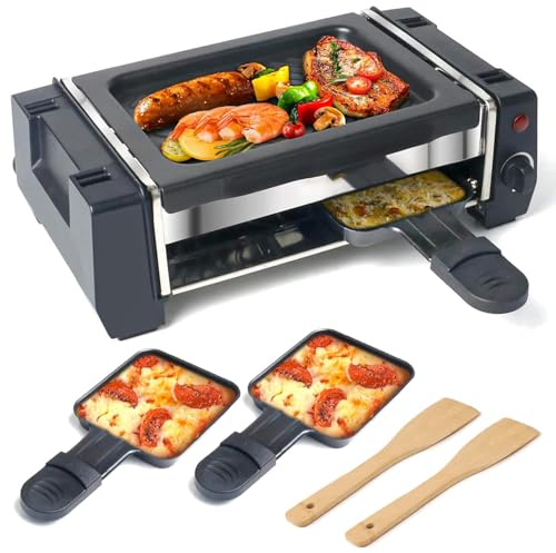 Raclette Grill - 2-in-1 Electric Griddle & Indoor BBQ, 500W Nonstick Plate with Cheese Pans & Spatulas, Adjustable Temperature Control for Family Gatherings