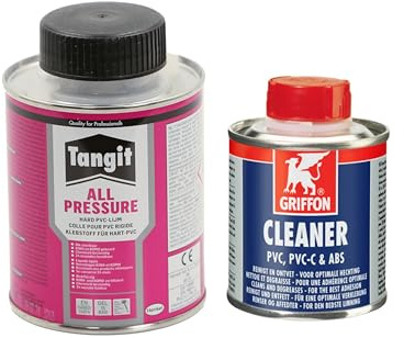 HAF - Pegamento especial Tangit PVC-U All Pressure 250 g lata con cepillo + limpiador Griffon PVC 125 ml | Pegamento especial adecuado para el montaje de tubos de PVC | Limpiador especial de acción