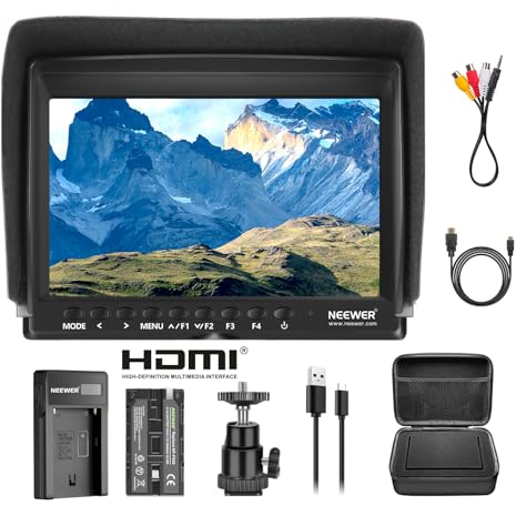 NEEWER F100 7 Pulgadas Monitor de Campo de Cámara HD Asistente de Video Delgado IPS 1280x800 4K Entrada HDMI 1080p con 2600 mAh Li-ion Catería/Cargador USB, Estuche de Transporte para Cámaras DSLR