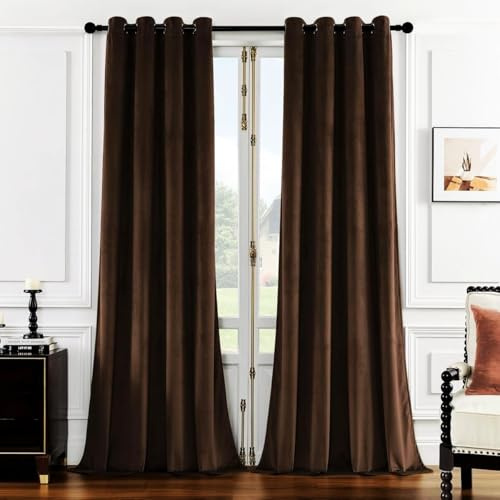 SMILETIME Brown 120in Long Luxury Velvet Curtain Panels with Grommet, Insulated Soft Privacy Noise Reducing Velvet Window Drapes Thicker Velvet Pinch Pleat Curtains for Living Room 2 Panels 52W x 120L