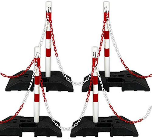 Kettenpfosten 4 Absperrpfosten Stahl 1m x Ø60mm 25m Kette (8mm) 30kg Fuss - extra stabil für mehr Sicherheit - in verschiedenen Farben (rot)