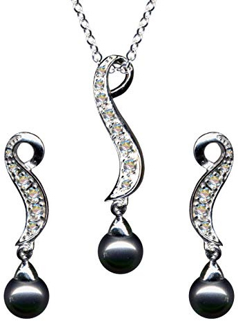 Parure de bijoux Art Nouveau - Avec perles grises - En argent sterling 925 - Boucles d'oreilles + chaîne + pendentif - Collier en argent - Pendentif - Boucles d'oreilles - Cristaux de zirconium blancs