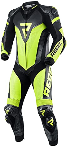 REBELHORN Rebel Einteiliger Motorrad Lederanzug für Männer Ellbogen Schulter Rücken Knie Hüfte & Steißbein Schutz Belüftung 4 Taschen Reflektierende Paneele