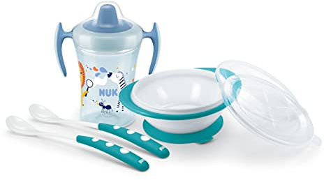 NUK Learning to eat Set, Trainer Cup, Drinking Cup (230 ml), Learning Bowl and Feeding Spoon, from 6 Months, BPA-Free, Blue, 4 Pieces