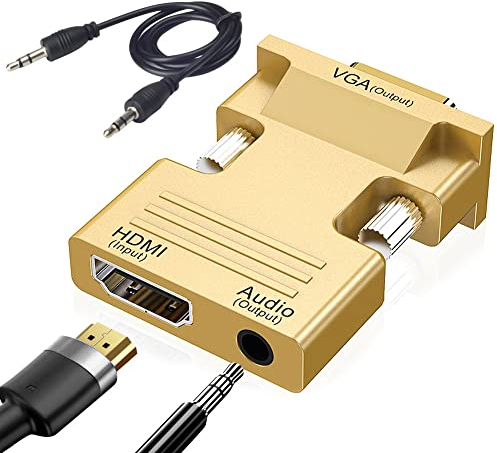 Seminer HDMI to VGA Adapter, 1080P HDMI Female to VGA Male Audio Video Cable Converter with 3.5mm Audio Cable for Computer, Desktop, Monitor, HDTV Etc (Gold)