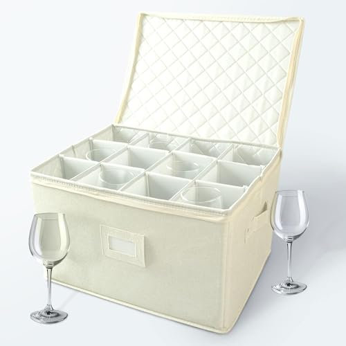 storageLAB Wine Glass Storage Containers, Hard Shell Organizer for Stemware and Glassware Sets, Stackable Wine Glass Storage Box with Dividers for Kitchen and Moving Supplies - 1 Pack, Cream