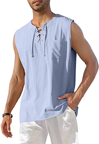 KUYIGO Men's Beach Casual Cotton Vest Vintage Henley Shirt S Sky Blue