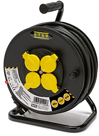 Enrollacable eléctrico profesional, 4 tomas y enchufe schuko, H07RN-F3G1.5MM2, 40M, GS (TUV)- IP44.