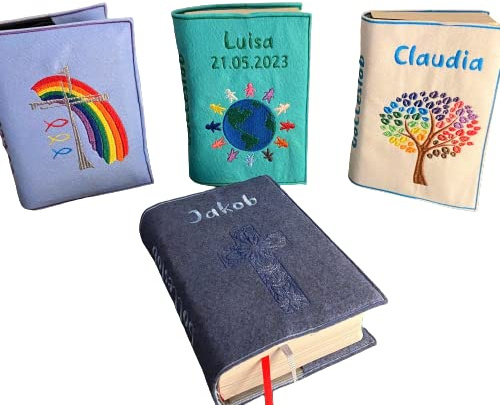 Bestickte Gotteslobhülle aus Filz mit Motiv, Name & Datum – personalisiert | Verschiedene Motive & Farben – Geschenk zur Kommunion, Konfirmation, Firmung – optional mit Rosenkranztasche
