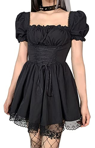 DINGJIUYAN Vestido gótico gótico Lolita negro, vestido gótico estético de manga abombada, cintura alta, mini vestido vintage de encaje con ribete de vendaje, corsé vestido de fiesta, 1-negro, M