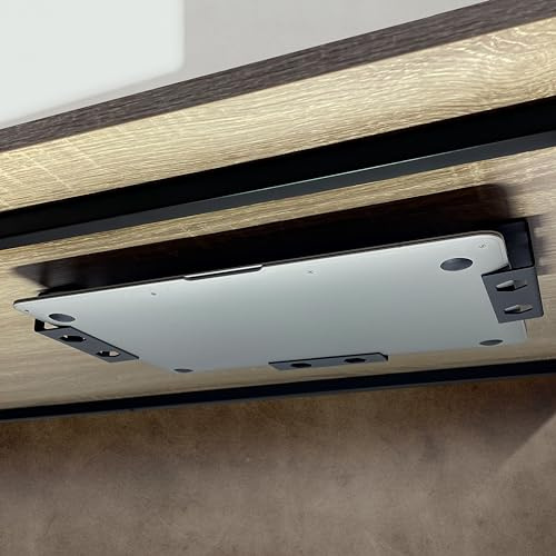 MyGadget Metal Laptop Holder Under Desk - [up to 30 mm thickness] - with Silicone Protection Tray - Macbook Stand For Under Shelf Mount - Black