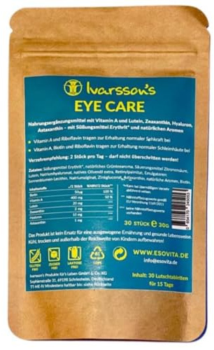 Ivarsson’s Eye Care 30 Stück zuckerfreie Bonbons Augenvitamine I Augenpflege Bonbons speziell für die Erhaltung der Augengesundheit mit Lutein Zeaxanthin Astaxanthin Biotin Vitamin A und Hyaluron