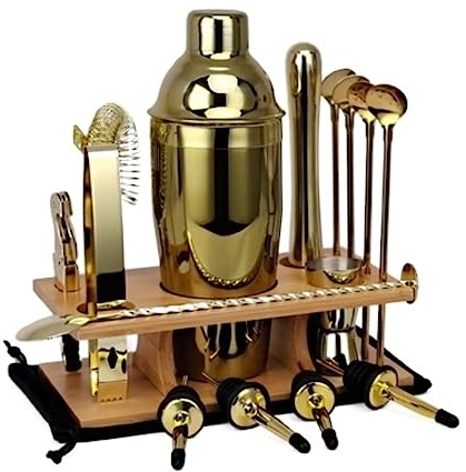 Coctelera Kit Cocktail Kit Kit De Fabricación De Barman De 14 Uds., 750ml, con Soporte De Madera, Mezclador De Bebidas, Coctelería, Herramienta De Bar, Barra De Casa Cocktail Shaker (Color : Gold, S