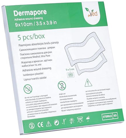 VED Dermapore sårförband för limning – lämplig för skärsår och nötning, diabetiska bensmärtor, venösa bensmärtor, små trycksår – medium, 9 x 10 cm (5-pack)