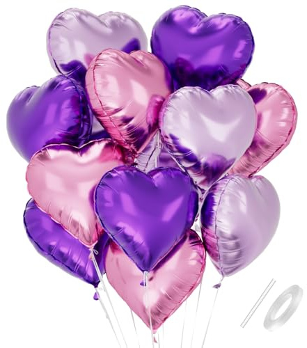 Herz Folienballons, 18 Zoll Herzluftballons Rosa Lila, Herz Luftballon Helium, Herzballons Rosa Lila Herzform Folienluftballon, Herzluftballons Hochzeit Valentinstag Geburtstagsdeko