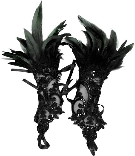 ZoneYan Gants à Plume en Dentelle Noire Sans Doigts pour Femmes, Longs pour Fête d'Halloween, Mariage, Cosplay
