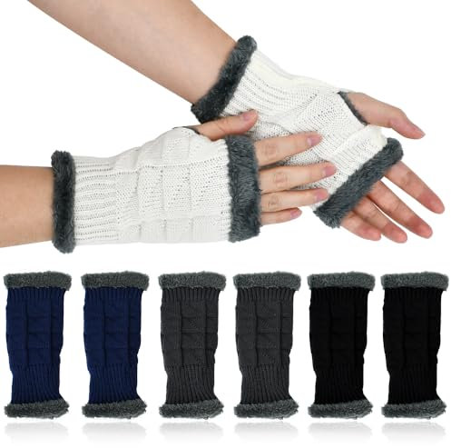 XRPRPX Handschuhe Fingerlose Damen, 4 Paar Halbfinger Handschuhe Strick Handstulpen Strickhandschuhe ohne Finger Kurzfingerhandschuhe Pulswärmer Winter Handschuhe Fingerlose, Blau, Weiß, Grau, Schwarz