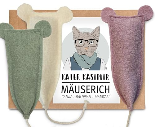 Kater Kasimir 3 XL Spielmäuse mit Katzenminze-, Baldrian- und Matatabi-Füllung. Aus Reiner Schurwolle. Liebevolle deutsche Handarbeit