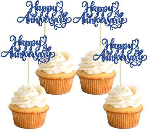 Ephlyn 24Pcs Happy Anniversary Cupcake Toppers Glitter Wedding Anniversary Cupcake Pick Decorations Baby Shower Birthday Wedding Anniversary Party Cake Decorations Supplies Dark Blue