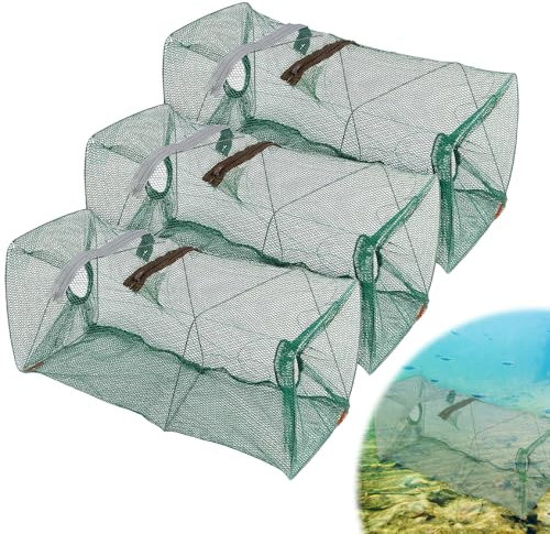 mizikuu 3 Stück Köderfischreuse Aalreuse, 21 x 45cm Faltbare Fischfalle Krebsreuse Köder Fisch Reuse Aalreuse mit Futterbeutel Fishing Netz Fischfang für Flusskrebse, Krabben, Fisch