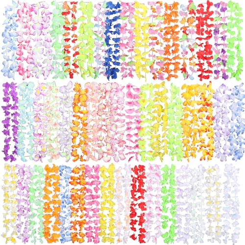 Amicably 50 Pieces Hawaiian Leis Party Decorations, 50 Styles Flower Garlands Bulk Flower Necklace for Tropical Party Theme Beach Supplies Hawaiian Night Bar Luau Aloha Beach Vacation