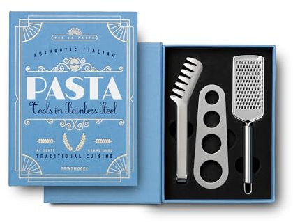 Printworks The Essentials, Pasta Tools – Pasta Kit with Spaghetti Tong, Spaghetti Measurer & Grater in Bright Blue Book-Style Case
