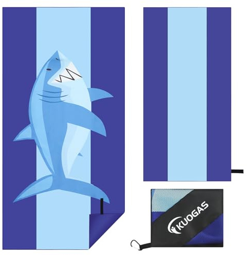 KUOGAS Strandtuch XXL 180 x 90 cm - Mikrofaser Badetuch - Strandtücher leicht und schnelltrocknend - 100% recyceltes Mikrofaser Handtuch - Strandhandtuch zum Baden (Hai)
