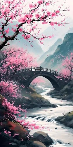 Malen Nach Zahlen Erwachsene Brücke Pflaumenbossom Malen Nach Zahlen Bild,DIY Set mit Pinseln und Acrylfarben Handgemalt Leinwand, Malen Nach Zahlen Kinder für Basteln Zuhause Geschenk 60x120cm s-850