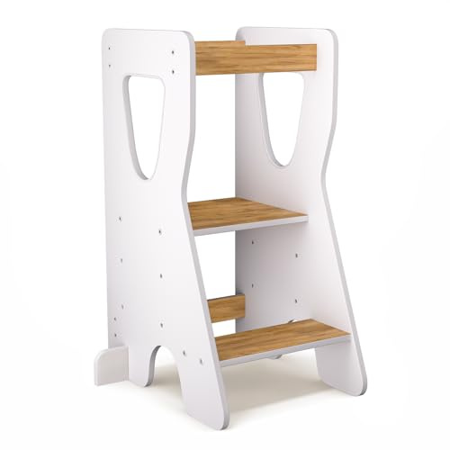 COSYLAND Torre Montessoriana Bambini - Torretta Montessoriana in Legno Naturale - 3 Altezze Regolabili per Crescere con il Bambino - Perfetta da 18 Mesi a 6 Anni (Bianco e Naturale)