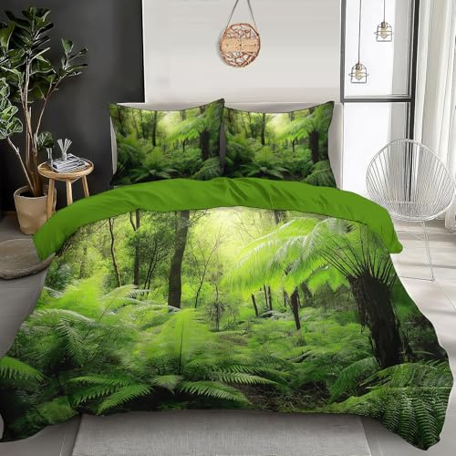 Bettwäsche 135x200cm - 2teilig Polyester Bettwaesche Set Farne Wende Deckenbezug Neuseeländischer Regenwald, Bettbezug Mit ReißverschlussSmaragdgrün