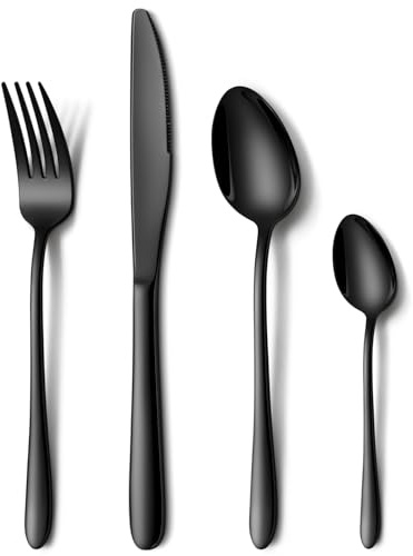 Black Cutlery Sets, NINIROR 16 Piece Food-Grade Stainless Steel Flatware Silverware Set for 4 People Include Spoon Knife and Fork Sets Mirror Polished Dishwasher Safe for Home Kitchen Restaurant
