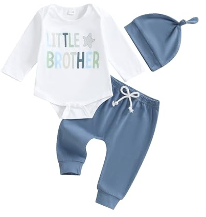 BeliBacca Little Brother Newborn Outfits Letter Star Print Long Sleeve Crew Neck Romper Shirt Drawstring Pants Hat Set Infant Baby Boy Fall Clothes (White, 0-3 Months)