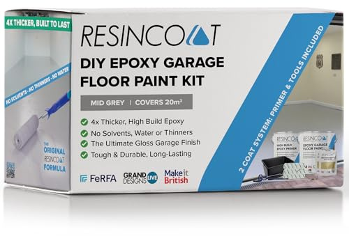Resincoat Epoxy Garage Floor Paint Kit – Complete Primer, Paint & Tools Bundle – Covers up to 20m² – 4x Thicker High Build Coating for Concrete Floors – Durable Gloss Finish – Made in UK (Mid Grey)