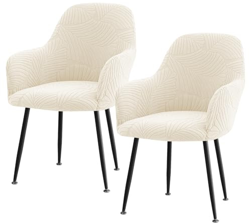 2 Stück Stuhlhussen mit Gebogener, 2er Set Stretch Samt Universal Sesselbezug mit Armlehnen, Elastischer Abnehmbare Waschbar Stuhlbezug mit Floraler Textur, für Esszimmerstühle Bürostühle (Off-White)