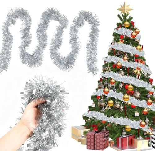 Lametta Silber Weihnachtsbaum,12 M Girlande Weihnachten,Tannengirlande, Weihnachtsdeko Girlande,Christmas Garland,Weihnachtsbaumgirlande, Weihnachtsgirlande Für Innen- Und Aussenbereich Dekoration
