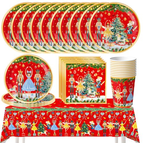 51pcs Christmas Party Tableware, Nutcracker Christmas Tableware Set,Plate, Cup, Napkin, Tablecloth, Xmas Decoration Paper Dinnerware Set-10people