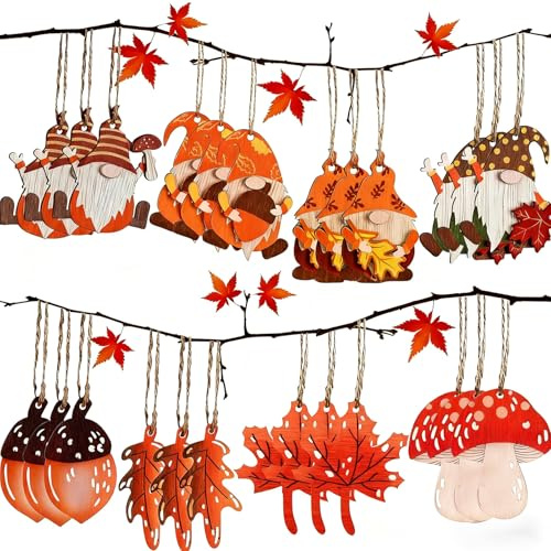 24 Stück Herbstdeko zum Aufhängen, Holz Hängedeko Herbst mit 10m Juteschnur, Fensterdeko Wanddeko Innen Außen, Rustikale Holzanhänger für Erntedankfest, Halloween, Herbstparty und Heimdekoration
