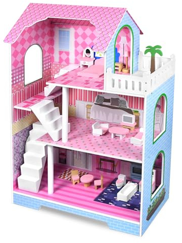 LILIIN Puppenhaus aus Holz, Dollhouse Holzpuppenhaus MDF und Puppenstube, Puppenvilla 3 Etagen Haus, Puppenhäuser inkl. Möbel, Zubehör, für Kinder, Mädchen (Typ B, 70x30x100cm)