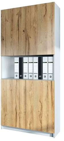 InnoFurn Aktenschrank Elona M2, Büroschrank mit Soft-Close & Push-to-Open, Aufbewahrungschrank, Büro, Home Office. Wohnzimer, Weiß/Eiche Natur (82 x 184 x 37 cm)