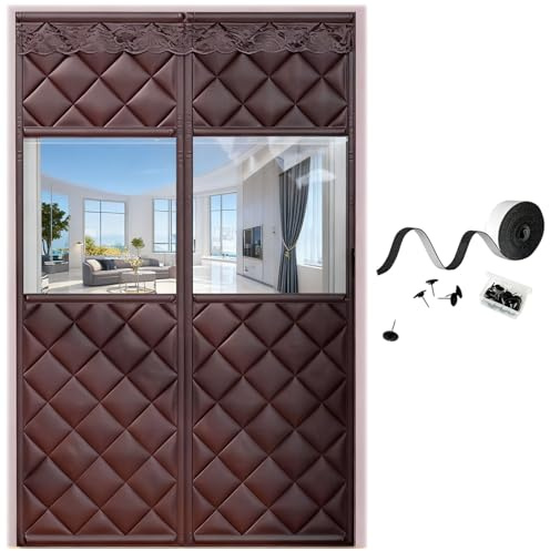 Thermovorhang Tür Türvorhang Kälteschutz Selbstklebend, Wasserdicht Dicker Wärmeschutzvorhang Für Türen Thermovorhang Mit Transparenten Fenstern Ohne Bohren(Kaffee,W76XH190CM)