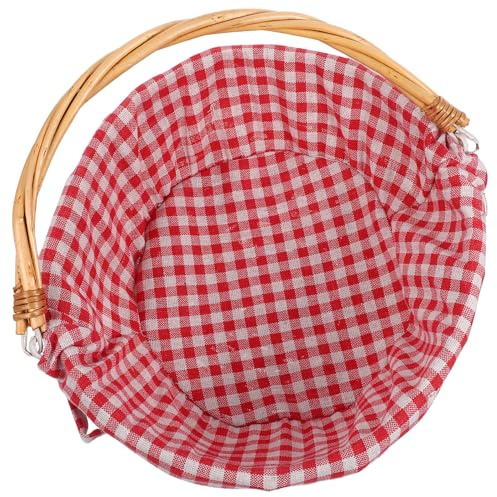 LOLIPPYY Cestino Intrecciato a Mano in Vimini Naturale con Manico Cestino Multifunzionale per Frutta e Verdura Cesta Portaoggetti Robusta per Picnic e Spesa Rivestimento Scozzese Rosso