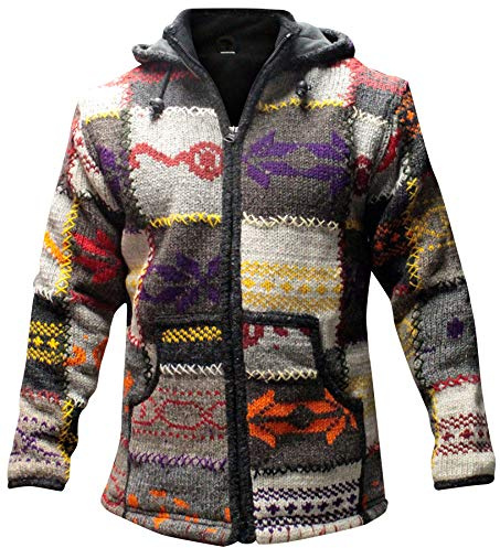 SHOPOHOLIC FASHION Sudadera con Capucha de Invierno para Hombre con Forro Polar | Abrigo Patchwork Estilo Hippie Bohemio | Chaqueta Cálida con Cremallera, M