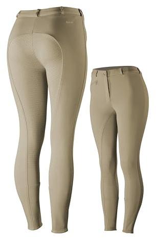 HORZE Active Women's Horse Riding Silicone Grip Full Seat Breeches | Midrise Waist with Front Pocket - Tan - 30