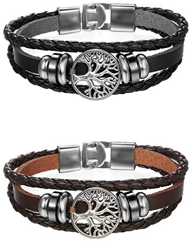 Flongo Herrenarmband Männer Frauen Armband Damen Lederarmband, Metall Leder Armband Armreif Geflochten Lederband Baum des Lebens Tree of Life Schwarz Braun Surfer Wickelarmband