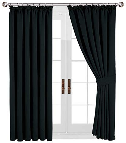 Yorkshire Bedding Pencil Pleat Blackout Curtains for Bedroom 46x54 Inch Black Curtains Thermal Insulated Privacy Protection Short Window Curtain 2 Panels with Tiebacks